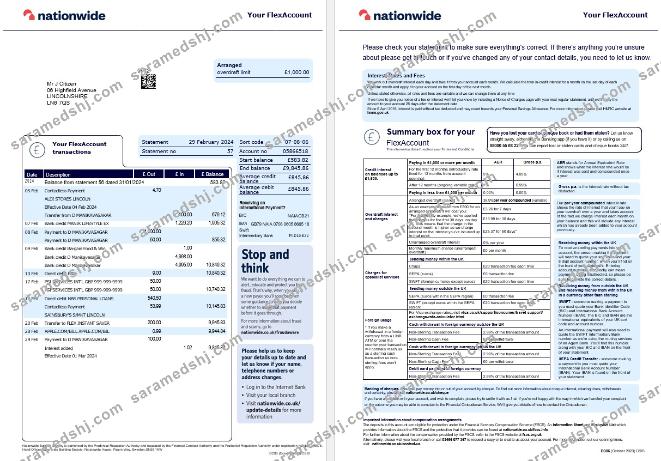 United Kingdom Nationwide bank statement current version template, 2 pages